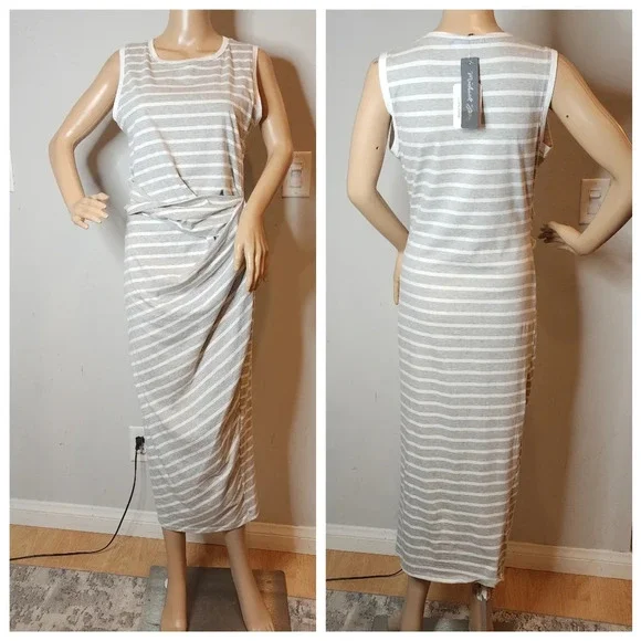 NWT Michael Stars Grey White Stripe Twist Front Sleeveless Midi Maxi Dress Sz M. - Picture 6 of 11